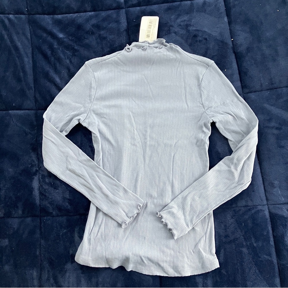 Light Blue Ribbed Lettuce Hem Mock Neck Long Sleeve Top
